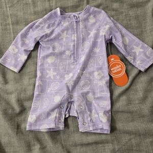 Wonder Nation Baby Girl Rashguard Swimsuit Zip One Piece Size 0-3 Months Purple